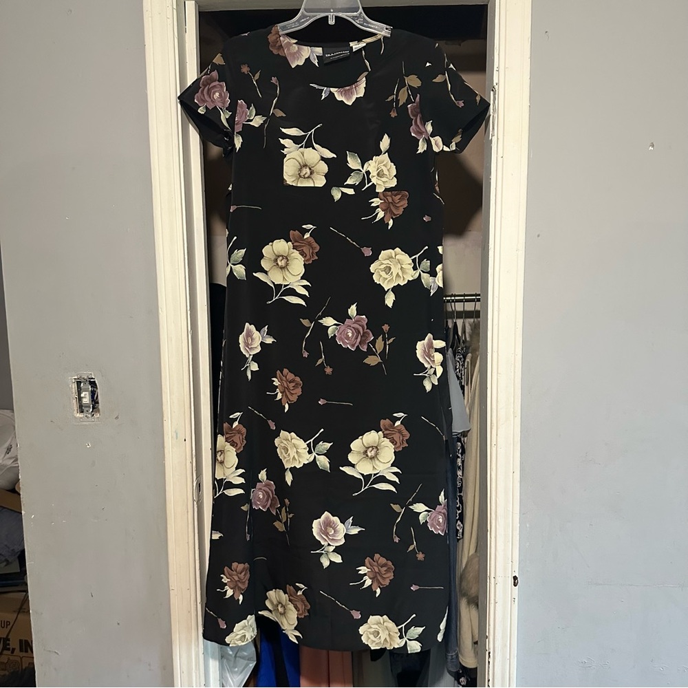 Vintage 90s Floral Print Midi Dress Empire Tie Waist Multicolor Sz 9/10 EUC